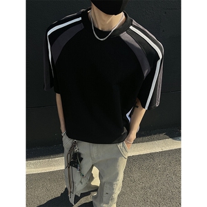 高品质二开240克宽松纯棉美式高街痞帅拼接撞色短袖T恤图片