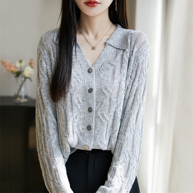 25春秋莱赛尔天丝针织毛衣开衫女POLO领镂空提花长袖宽松外套上衣，女装蕾丝衫/雪纺衫，暖烁羊绒