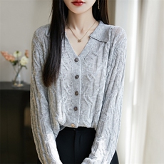 25春秋莱赛尔天丝针织毛衣开衫女POLO领镂空提花长袖宽松外套上衣，女装蕾丝衫/雪纺衫，暖烁羊绒