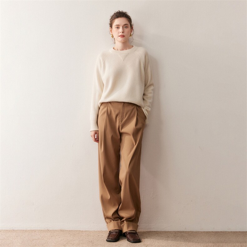 2025圆领卷边套头衫针织衫百搭时尚，女装针织衫/毛衣，朵沐纯羊绒