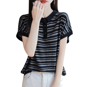 撞色POLO翻领条纹小飞袖T恤女2025夏薄冰麻洋气针织上衣T恤小衫潮图片