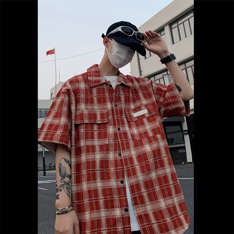 五分袖衬衫时尚气质潮流男新款夏季标准文艺方领格子CD588-P42图片