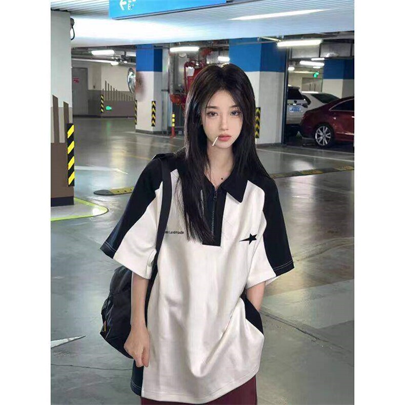 现货 美式复古夏季polo衫短袖t恤女宽松撞色情侣上衣PLY299-P30图片