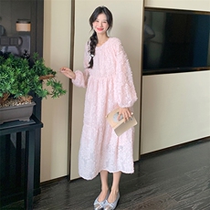 法式流苏粉色连衣裙女春秋2025新款桔梗初恋温柔风少女感甜美长裙，女装连衣裙，2C272