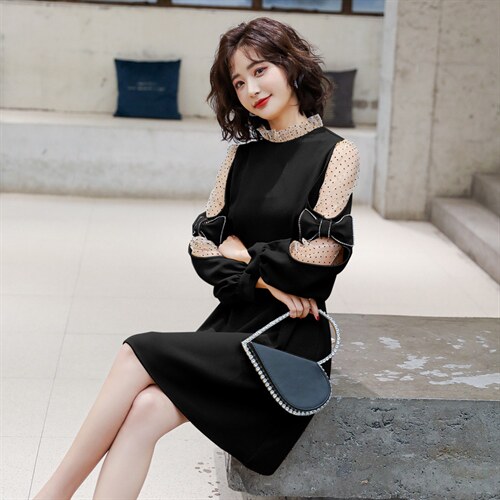 现货2024秋装新款韩版拼纱灯笼袖纯色连衣裙女蝴蝶结烫钻A字裙，女装连衣裙，霓裳依族