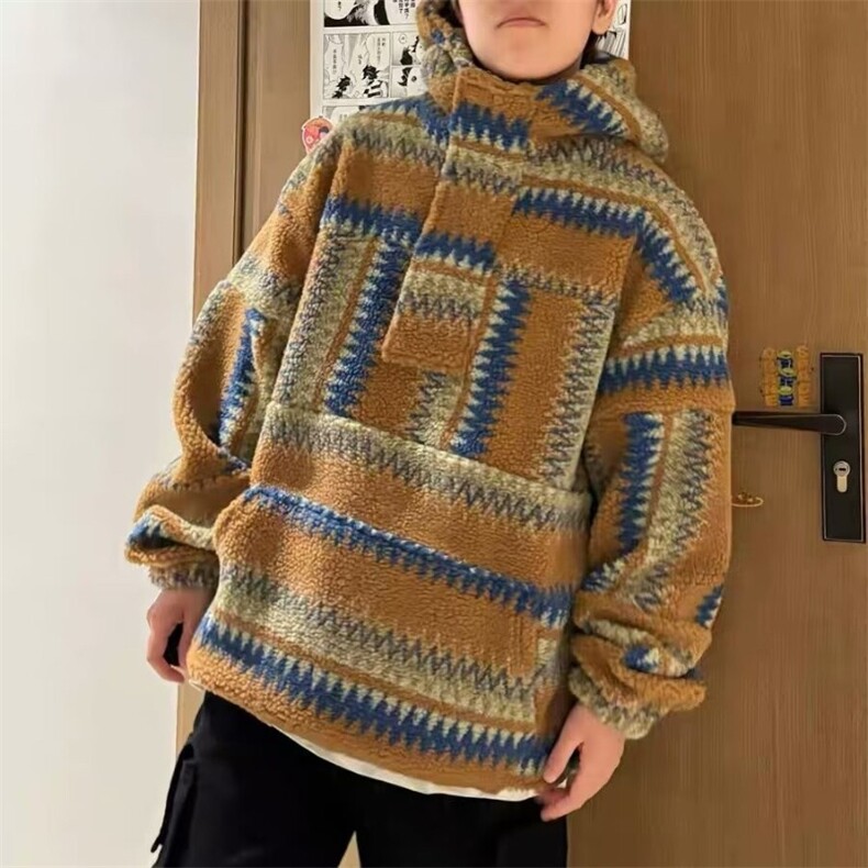 网图日系复古民族风拼色羊羔绒卫衣保暖连帽外套A025-EW135-P60,男装民族服装,电商A025