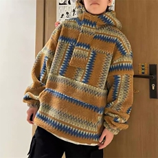 网图日系复古民族风拼色羊羔绒卫衣保暖连帽外套A025-EW135-P60，男装民族服装，电商A025