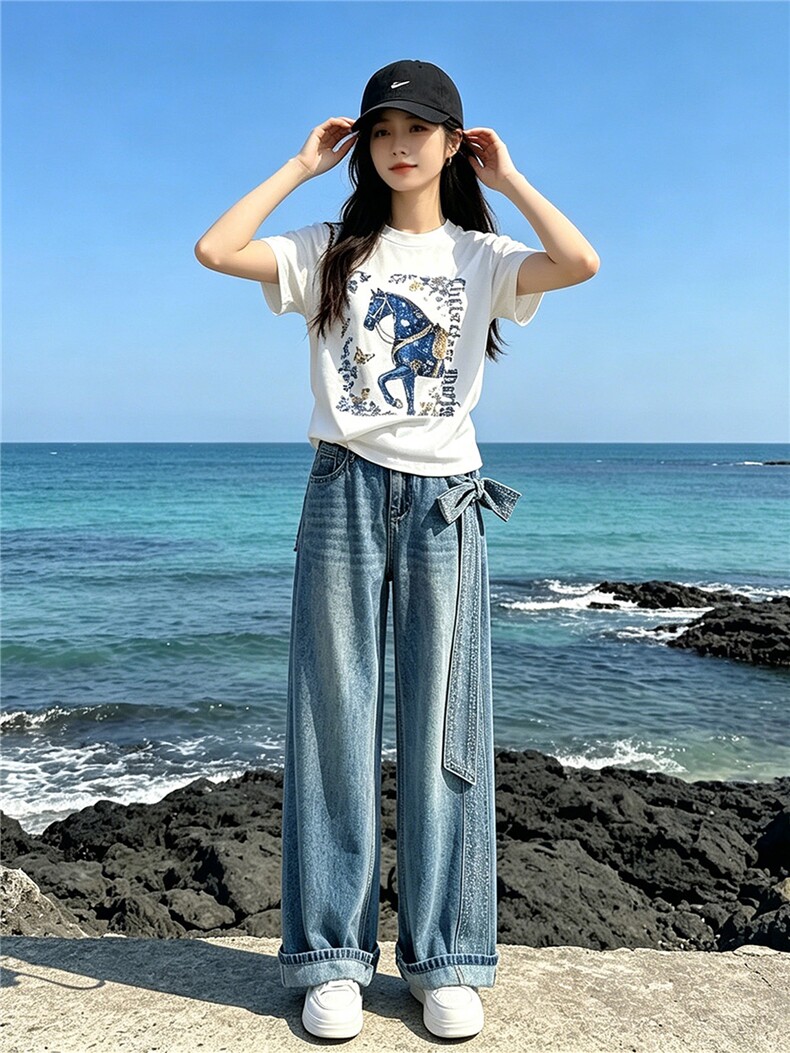 甜美时尚休闲套装女夏季新款圆领印花烫钻上衣设计牛仔长裤两件套,女装套装/套裙,江南