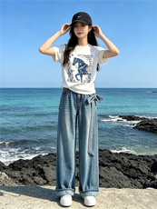 甜美时尚休闲套装女夏季新款圆领印花烫钻上衣设计牛仔长裤两件套，女装套装/套裙，江南