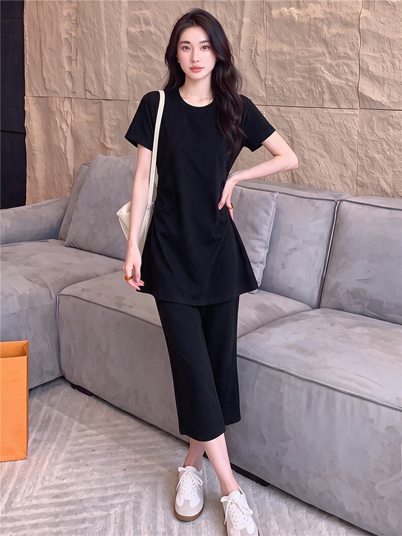 潮流时尚休闲套装女夏新款黑色圆领褶皱收腰短袖上衣九分裤两件套,女装套装/套裙,江南