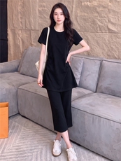 潮流时尚休闲套装女夏新款黑色圆领褶皱收腰短袖上衣九分裤两件套，女装套装/套裙，江南