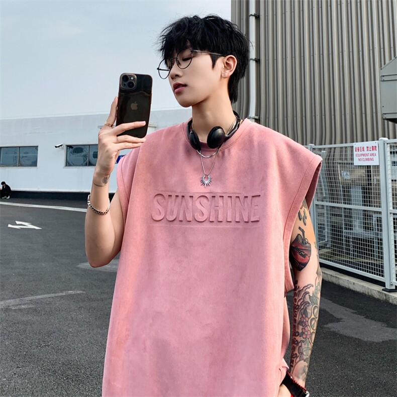 字母重磅麂皮背心男生夏季运动健身训练汗衫潮牌宽肩无袖坎肩t恤,男装背心/马甲,电商B220