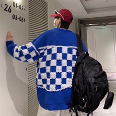 棋盘格子毛衣男设计感小众网红潮牌圆领套头青年针织衫M0835-p48，男装针织衫/毛衣，星座1008-1