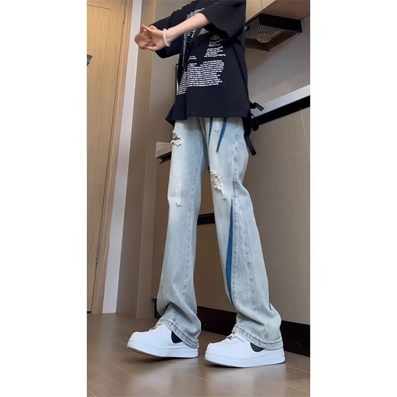 扎染破洞牛仔裤男款夏季潮牌痞帅炸街裤子美式高街显瘦直筒微喇裤,男装牛仔裤,星座218-1（原230）