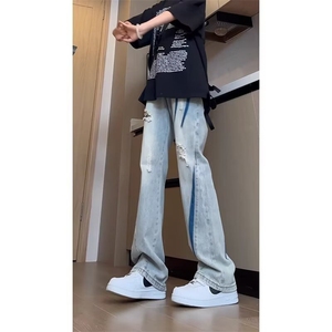 扎染破洞牛仔裤男款夏季潮牌痞帅炸街裤子美式高街显瘦直筒微喇裤图片