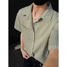 特批P27无差价夏季竖条纹翻领肌理感宽松高街短袖衬衫男CD5472，男装衬衫，电商A001-1