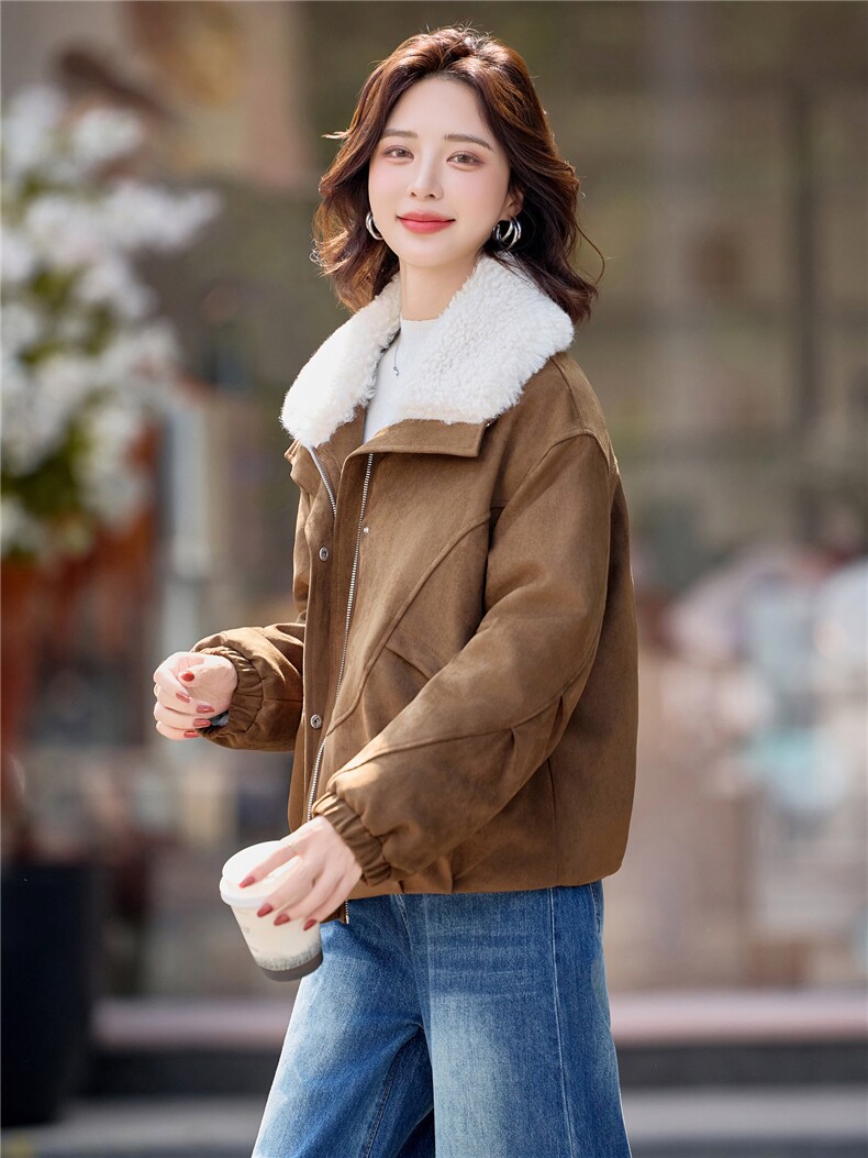 羊羔毛翻领夹棉加厚鹿皮绒外套女2025冬季新款休闲宽松超好看棉衣,女装短外套,印象茜