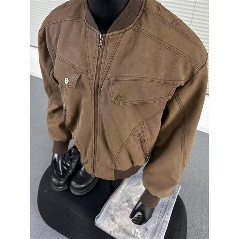 现货秋冬季新款美式复古做旧解构立领百搭夹克宽松百搭咖色外套男图片