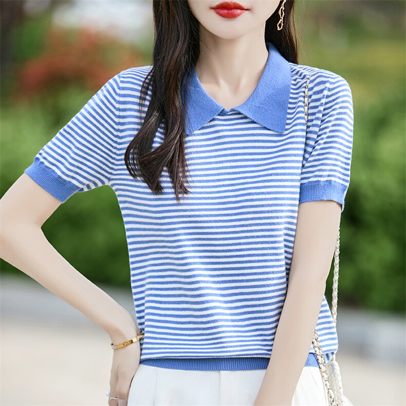 条纹短袖t恤女装2025夏季新款洋气小个子气质上衣羊毛针织衫百搭,女装T恤,斯美雅安迪绒