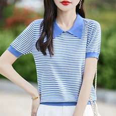 条纹短袖t恤女装2025夏季新款洋气小个子气质上衣羊毛针织衫百搭，女装T恤，斯美雅安迪绒