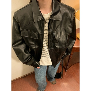 中性工装皮衣夹克男情侣女潮机车皮夹克外套男JK77869P85控138图片