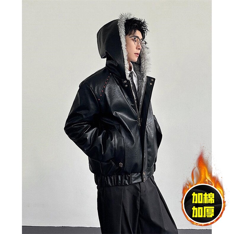现货冬季美式潮牌痞帅PU皮机车服棉衣毛毛绒狼王座山雕皮棉服,男装棉衣,电商A443