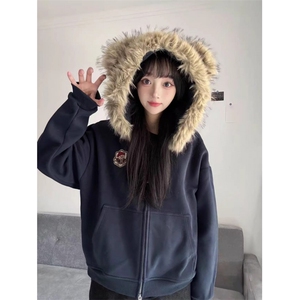 网图 美式复古卡通熊耳朵毛领连帽卫衣男女休闲开衫拉链外套特P78图片
