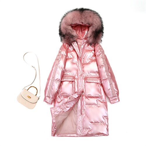 2021亮皮中长款修身加厚通勤拉链连帽纯色气质大毛领时尚潮棉衣，女装棉衣/棉服，艾仟回(原伊仟回)