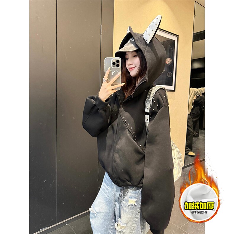 480G重磅加绒硬挺boxy男女美式高街卫衣铆钉杜宾犬耳朵开衫厚外套，女装短外套，电商A486