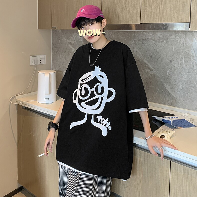 大码夏季宽松港风男装笑脸印花T恤宽松情侣上衣A071-5516-P28,男装T恤,电商A071