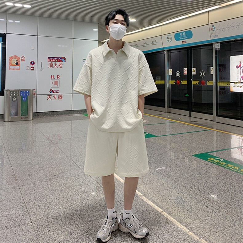 特批P45无差价夏季麦穗纹亨利领男短袖短裤两件套T5114+DK5184,男装休闲套装,电商A001
