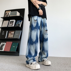 美式泼墨破洞牛仔长裤男女显瘦小众情侣阔腿直筒裤潮牌61811-p48图片