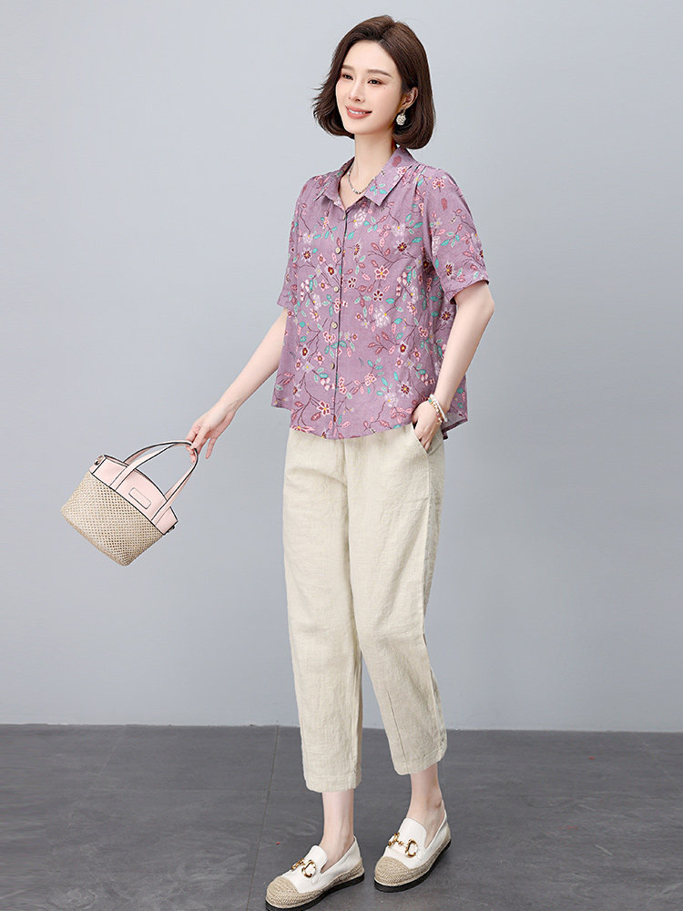 时尚印花衬衫棉麻套装女2025夏季新款中年妈妈洋气减龄亚麻两件套,女装套装/套裙,依恋蒂丝