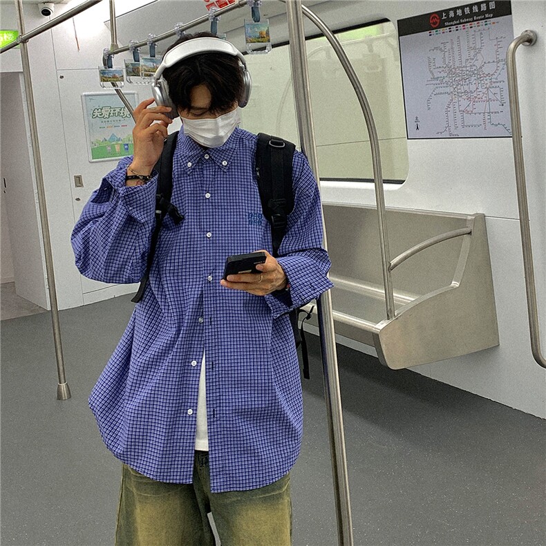 24美式复古蓝色格子长袖衬衫中性宽松绣花衬衫外套男女H993P58，男装衬衫，电商A341