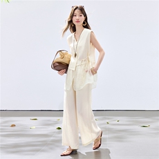 夏季新款现货！2026休闲风阔版拼接小垫肩上衣+松紧腰阔腿裤套装，女装套装/套裙，宝儿家