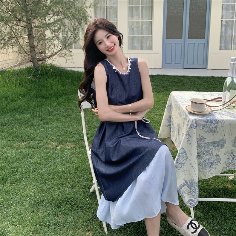 法式亮片拼接无袖假两件背心裙女2025夏季新款设计感小众连衣裙潮,女装连衣裙,2C232