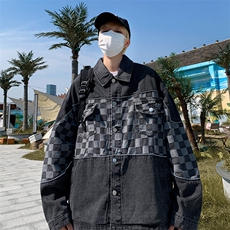 F197-P682024春季新款日系潮牌工装夹克棋盘格拼接牛仔外套现货，男装夹克，星座512-6