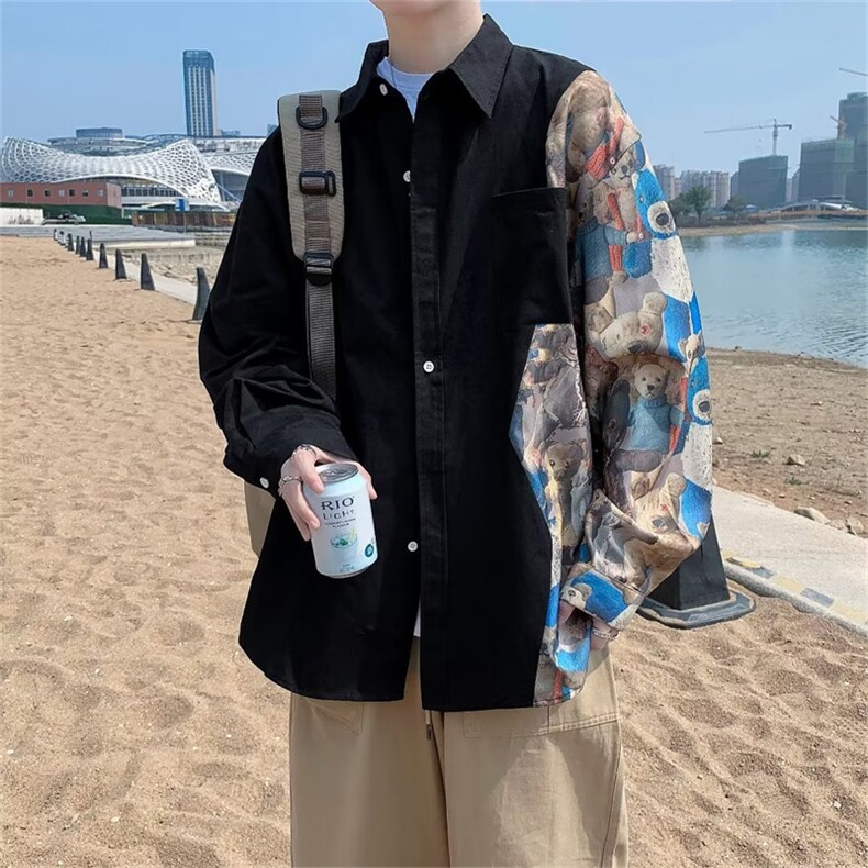 衬衫男长袖小熊拼接衬衣秋季潮牌日系复古衬衣情侣外套W5971-P28,男装衬衫,星座512-2