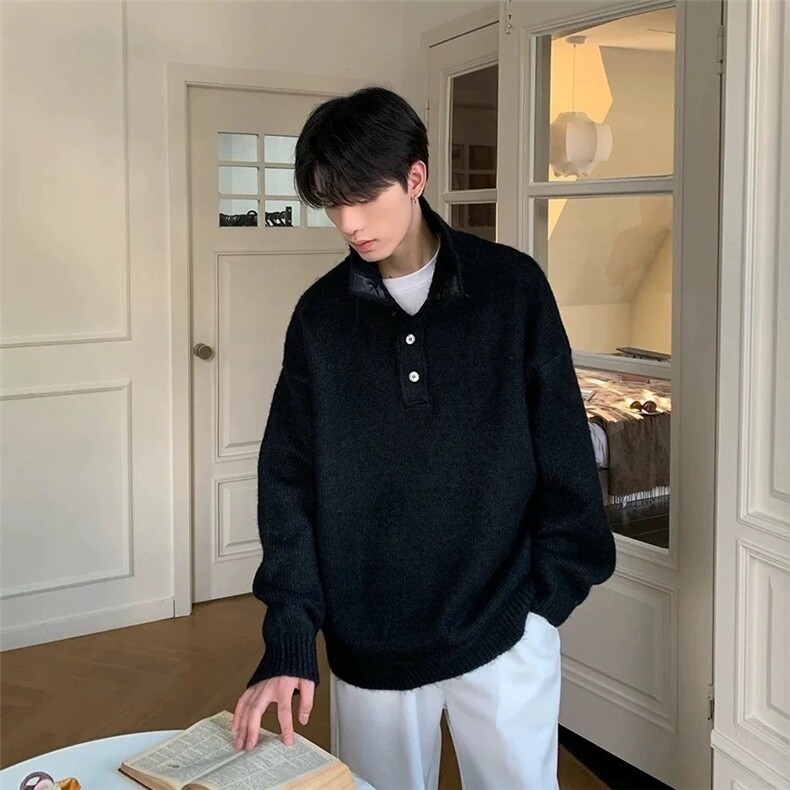 网络图老钱风可翻纽扣高领针织毛衣潮男,男装针织衫/毛衣,星座410-7