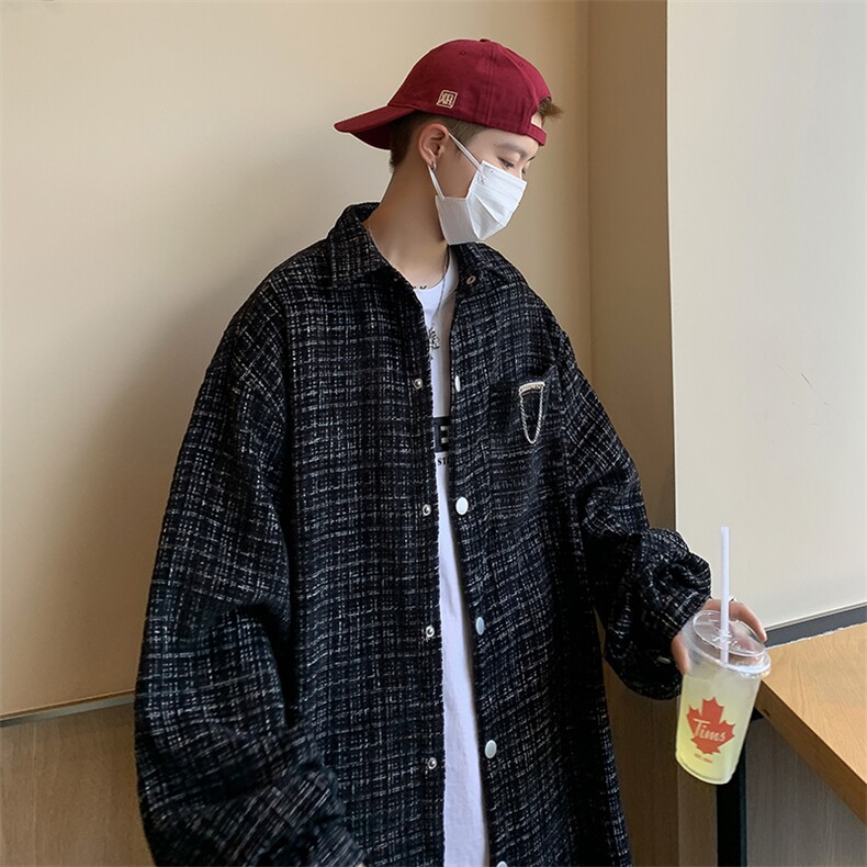 港风秋款男夹克休闲加厚衬衫条纹拼色铁链装饰休闲外套JK97P65,男装夹克,星座1013-1