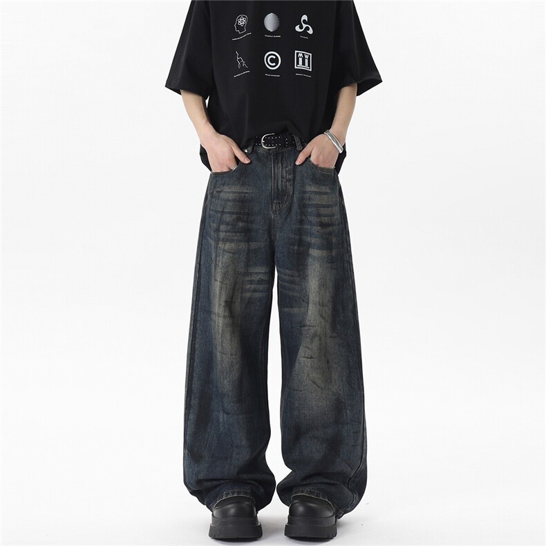 xz905-2-Z070#P65-（控98）美式阔腿脏脏水洗牛仔裤,男装牛仔裤,星座905-2