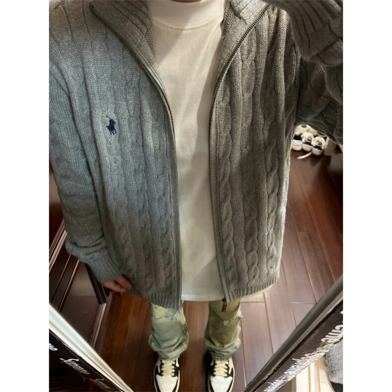 灰色麻花拉链立领针织开衫男日系复古宽松休闲保暖百搭毛衣外套图片