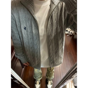 灰色麻花拉链立领针织开衫男日系复古宽松休闲保暖百搭毛衣外套,黑t恤搭配女图片