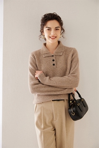 2024秋装新款花纱翻领女短款宽松显瘦35%羊绒衫图片