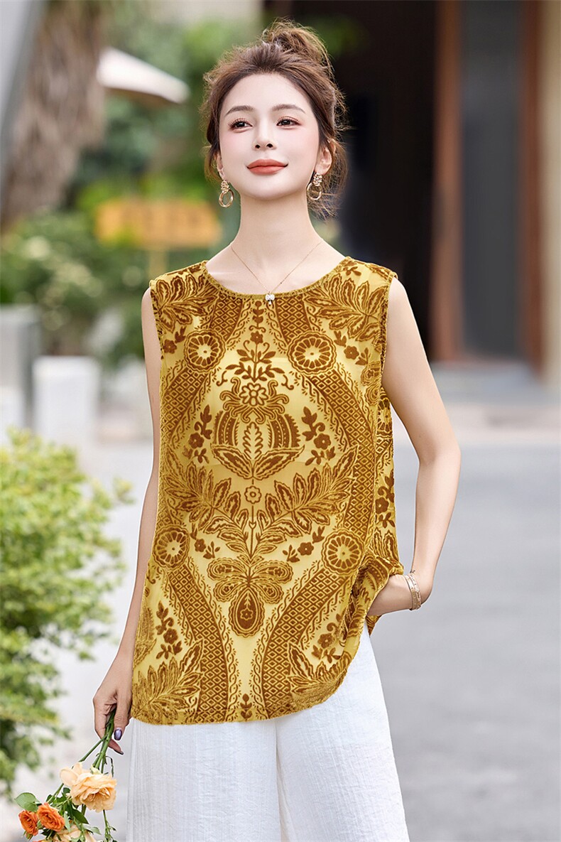 时尚设计感后背开叉套装女2025夏季复古丝绒提花背心阔腿裤两件套,女装T恤,美沁