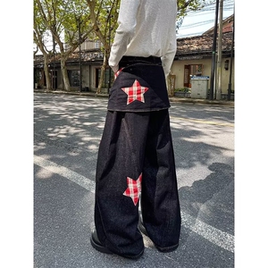 复古格子拼接屁帘弯刀牛仔裤男高街痞帅宽松休闲阔腿裤N0720-P70图片