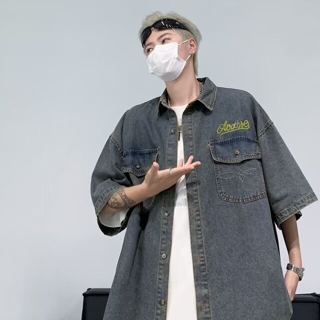 复古牛仔短袖衬衫外套男女夏季新款潮风宽松显瘦上衣W067/P55,男装衬衫,星座506