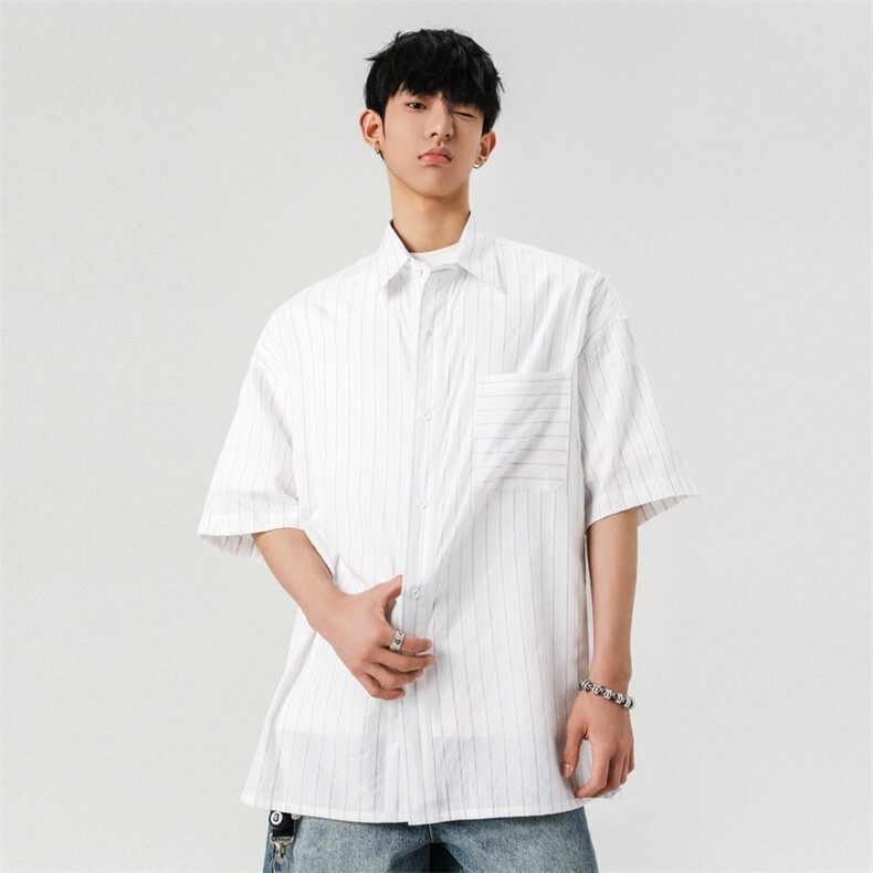 美式休闲2025夏季新原创宽松潮流条纹短袖衬衫男A406C5327特P45,男装衬衫,星座309（原A406）