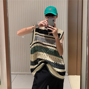 针织背心男拼色高街帅气夏季个性2024新款ins宽松马甲W4909-P35图片