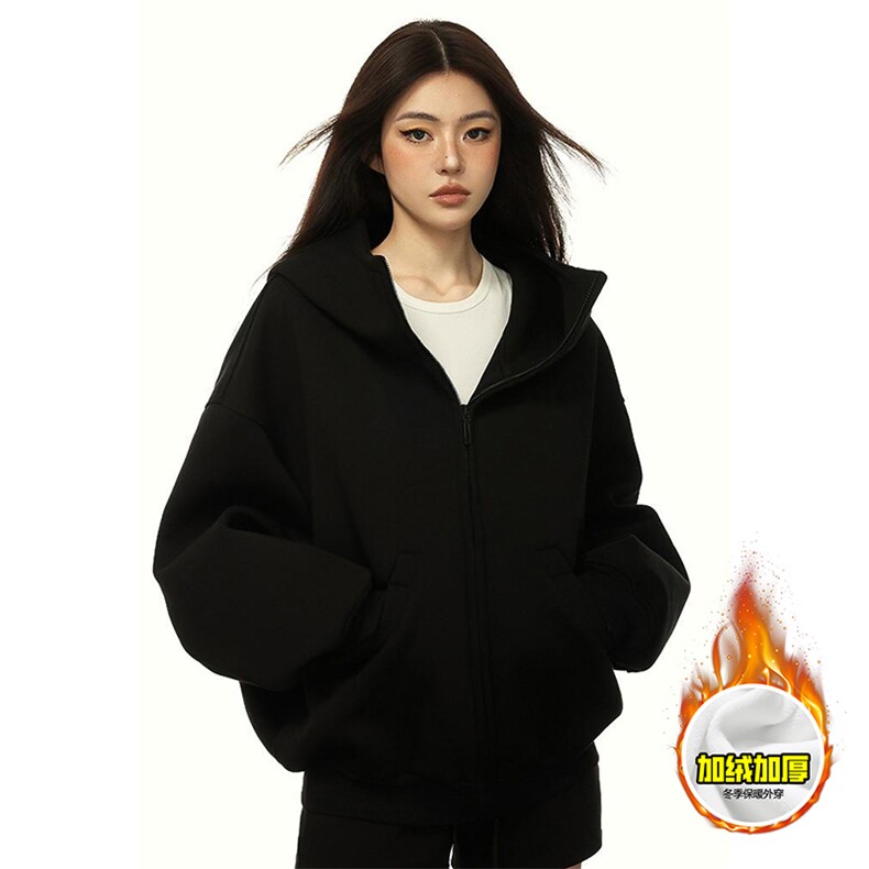 480G重磅加绒硬挺boxy男女秋冬美式高街防风高领卫衣开衫厚外套，女装短外套，电商A486-1